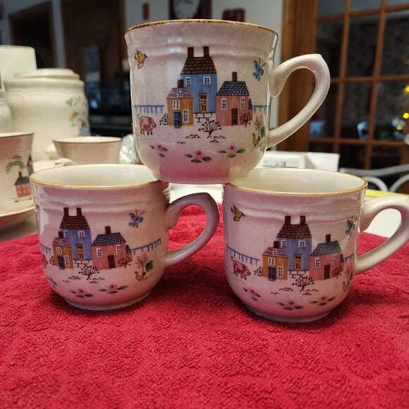 International Stoneware Heartland Village Japan Coffee Cup Set of 3 Vintage - Picture 3 of 8